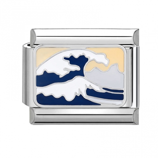 Picture of 1 Piece 304 Stainless Steel Italian Charm Links For DIY Bracelet Jewelry Making Silver Tone Blue Rectangle Sea 10mm x 9mm