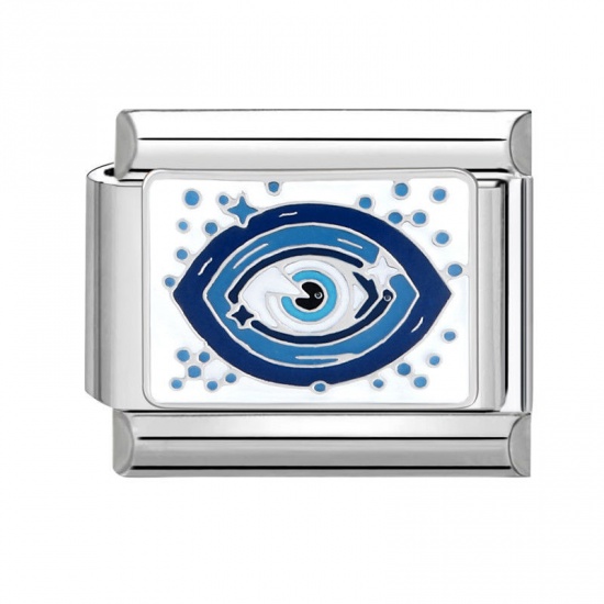 Picture of 1 Piece 304 Stainless Steel Italian Charm Links For DIY Bracelet Jewelry Making Silver Tone Blue Rectangle Eye 10mm x 9mm