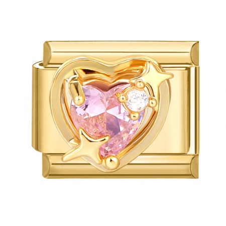 Picture of 1 Piece 304 Stainless Steel Valentine's Day Italian Charm Links For DIY Modular Bracelet Watch Jewelry Making Wholesale Gold Plated Rectangle Heart Pink Rhinestone 10mm x 9mm
