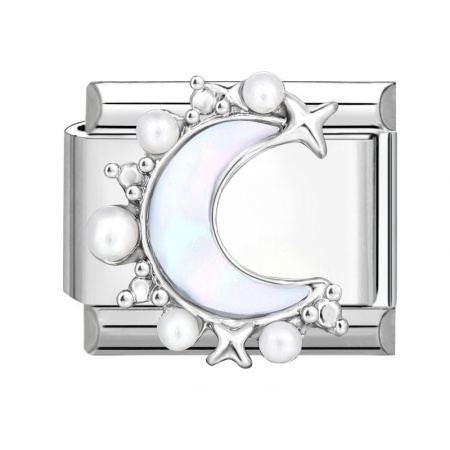 Picture of 1 Piece 304 Stainless Steel Italian Charm Links For DIY Modular Bracelet Watch Jewelry Making Wholesale Silver Tone White Rectangle Moon Imitation Pearl 10mm x 9mm