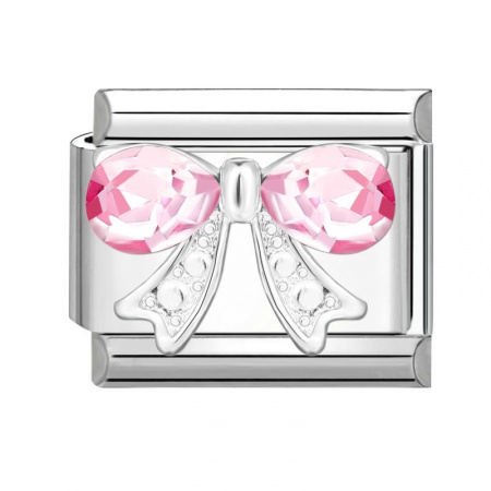 Picture of 1 Piece 304 Stainless Steel Italian Charm Links For DIY Modular Bracelet Watch Jewelry Making Wholesale Silver Tone Rectangle Bowknot Pink Rhinestone 10mm x 9mm