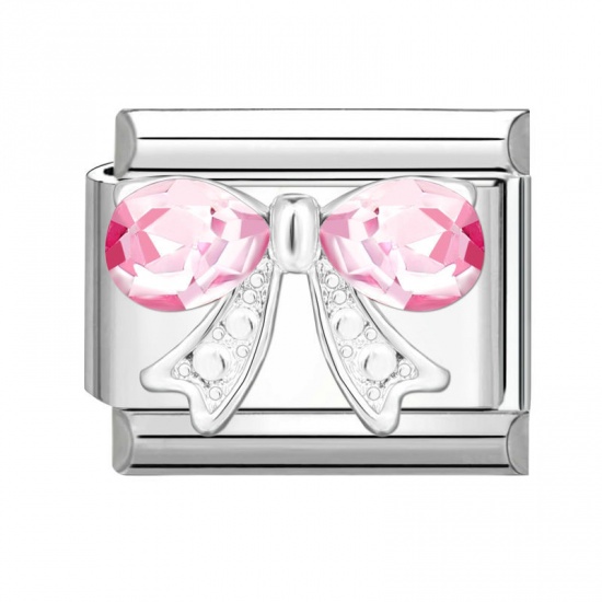 Picture of 1 Piece 304 Stainless Steel Italian Charm Links For DIY Bracelet Jewelry Making Silver Tone Rectangle Bowknot Pink Rhinestone 10mm x 9mm