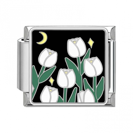 Picture of 1 Piece 304 Stainless Steel Italian Charm Links For DIY Bracelet Jewelry Making Silver Tone Multicolor Rectangle Tulip Flower 10mm x 9mm