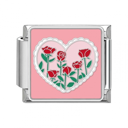 Picture of 1 Piece 304 Stainless Steel Valentine's Day Italian Charm Links For DIY Bracelet Jewelry Making Silver Tone Multicolor Rectangle Heart 10mm x 9mm