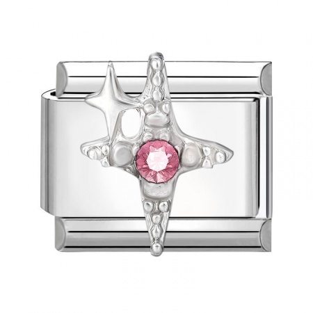 Picture of 1 Piece 304 Stainless Steel Italian Charm Links For DIY Modular Bracelet Watch Jewelry Making Wholesale Silver Tone Rectangle Four-pointed Star Pink Rhinestone 10mm x 9mm