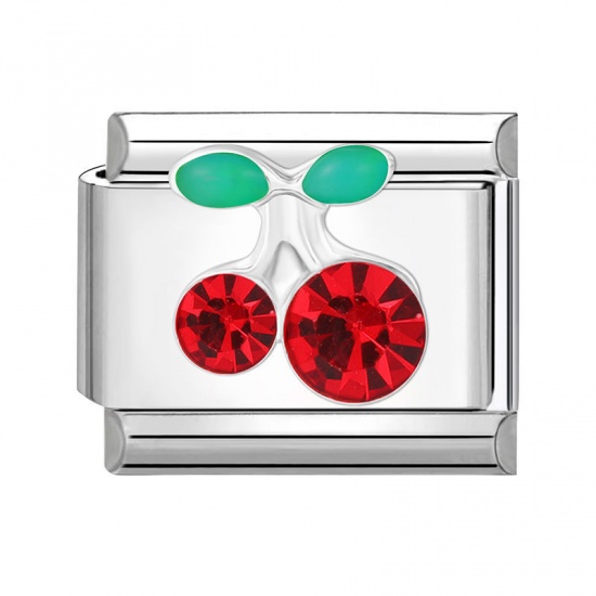 Picture of 1 Piece 304 Stainless Steel Italian Charm Links For DIY Bracelet Jewelry Making Silver Tone Rectangle Cherry Fruit Red Rhinestone 10mm x 9mm