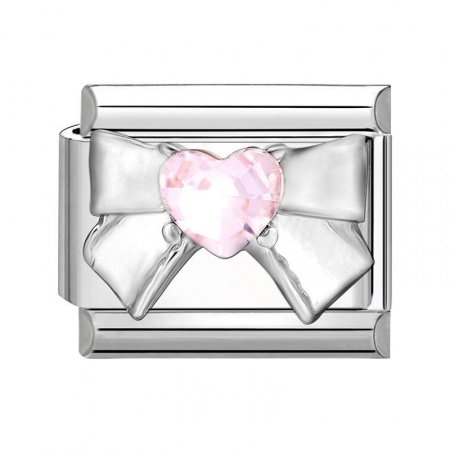 Picture of 1 Piece 304 Stainless Steel Italian Charm Links For DIY Modular Bracelet Watch Jewelry Making Wholesale Silver Tone Rectangle Bowknot Pink Rhinestone 10mm x 9mm