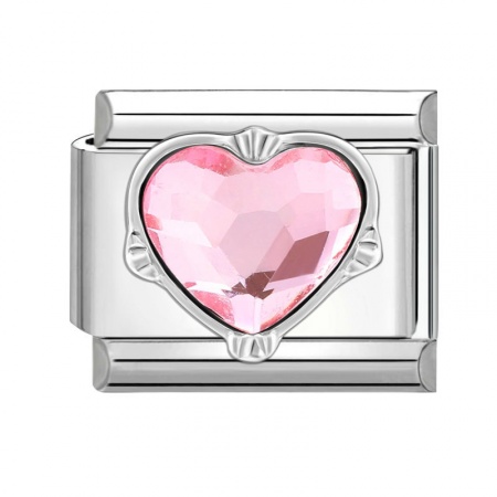 Picture of 1 Piece 304 Stainless Steel Valentine's Day Italian Charm Links For DIY Modular Bracelet Watch Jewelry Making Wholesale Silver Tone Rectangle Heart Pink Rhinestone 10mm x 9mm