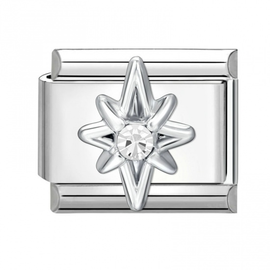 Picture of 1 Piece 304 Stainless Steel Italian Charm Links For DIY Bracelet Jewelry Making Silver Tone Rectangle Four-pointed Star Clear Rhinestone 10mm x 9mm