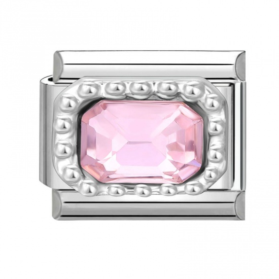 Picture of 1 Piece 304 Stainless Steel Italian Charm Links For DIY Bracelet Jewelry Making Silver Tone Rectangle Pink Rhinestone 10mm x 9mm