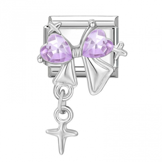 Picture of 1 Piece 304 Stainless Steel Italian Charm Links For DIY Bracelet Jewelry Making Silver Tone Rectangle Bowknot Purple Rhinestone 10mm x 9mm