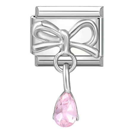 Picture of 1 Piece 304 Stainless Steel Italian Charm Links For DIY Modular Bracelet Watch Jewelry Making Wholesale Silver Tone Rectangle Bowknot Pink Rhinestone 10mm x 9mm
