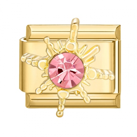 Picture of 1 Piece 304 Stainless Steel Italian Charm Links For DIY Modular Bracelet Watch Jewelry Making Wholesale Gold Plated Rectangle Sun Pink Rhinestone 10mm x 9mm