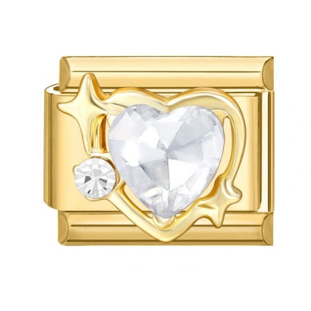 Picture of 1 Piece 304 Stainless Steel Valentine's Day Italian Charm Links For DIY Modular Bracelet Watch Jewelry Making Wholesale Gold Plated Rectangle Heart Clear Rhinestone 10mm x 9mm