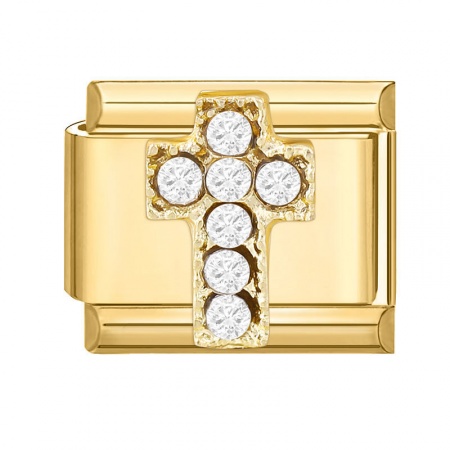 Picture of 1 Piece 304 Stainless Steel Italian Charm Links For DIY Modular Bracelet Watch Jewelry Making Wholesale Gold Plated Rectangle Cross Clear Rhinestone 10mm x 9mm
