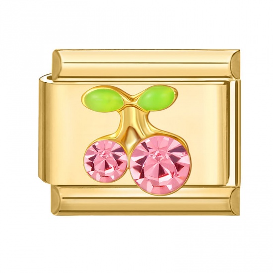 Immagine di 1 Piece 304 Stainless Steel Italian Charm Links For DIY Bracelet Jewelry Making Gold Plated Rectangle Cherry Fruit Pink Rhinestone 10mm x 9mm