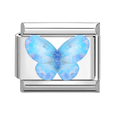 Picture of 1 Piece 304 Stainless Steel Stylish Italian Charm Links For DIY Bracelet Jewelry Making Silver Tone Blue Rectangle Butterfly 10mm x 9mm