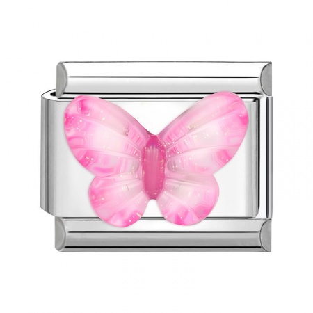 Picture of 1 Piece 304 Stainless Steel Stylish Italian Charm Links For DIY Bracelet Jewelry Making Silver Tone Rose Pink Rectangle Butterfly 10mm x 9mm