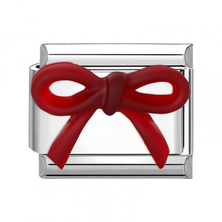 Picture of 1 Piece 304 Stainless Steel Stylish Italian Charm Links For DIY Modular Bracelet Watch Jewelry Making Wholesale Silver Tone Red Rectangle Bowknot 10mm x 9mm