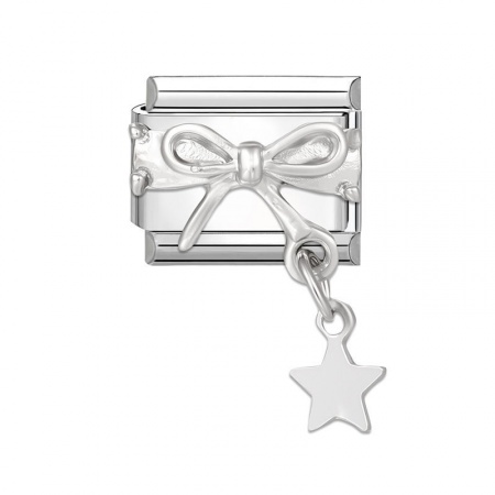 Picture of 1 Piece 304 Stainless Steel Italian Charm Links For DIY Modular Bracelet Watch Jewelry Making Wholesale Silver Tone Rectangle Bowknot 10mm x 9mm