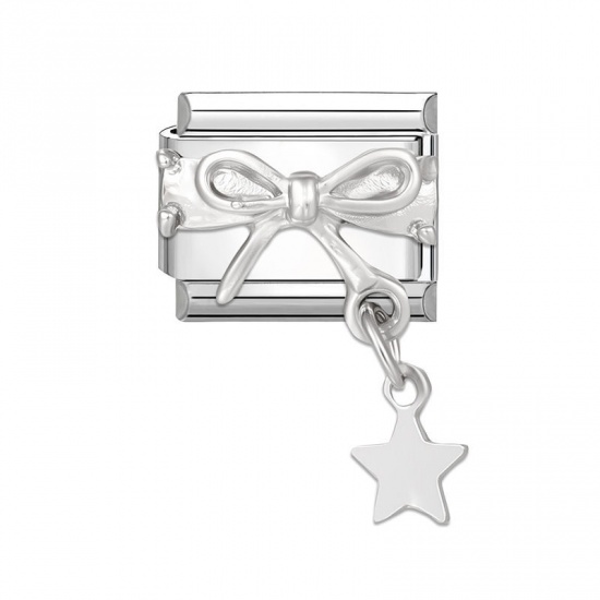 Picture of 1 Piece 304 Stainless Steel Italian Charm Links For DIY Bracelet Jewelry Making Silver Tone Rectangle Bowknot 10mm x 9mm