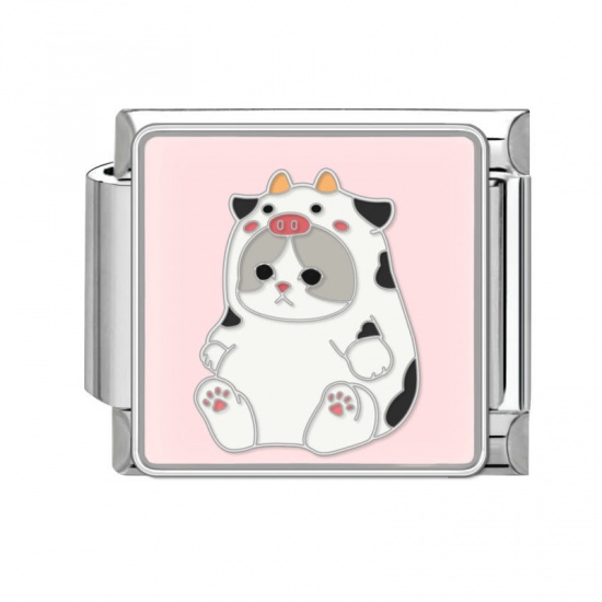 Picture of 1 Piece 304 Stainless Steel Italian Charm Links For DIY Bracelet Jewelry Making Silver Tone Multicolor Rectangle Cat 10mm x 9mm