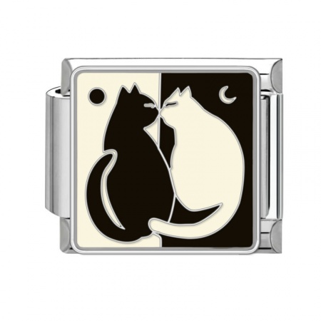 Picture of 1 Piece 304 Stainless Steel Italian Charm Links For DIY Bracelet Jewelry Making Silver Tone Black Rectangle Cat 10mm x 9mm