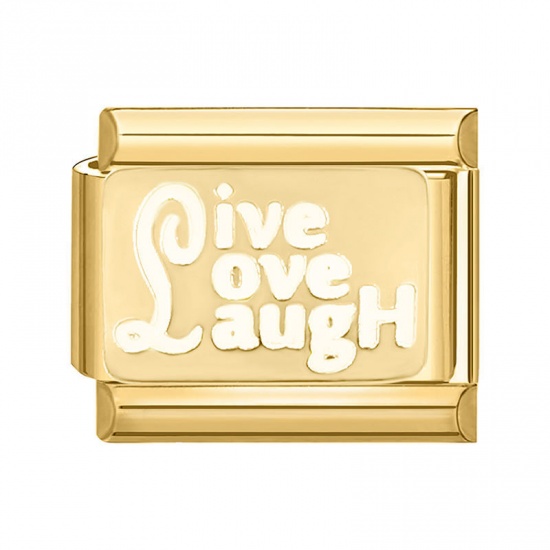 Imagen de 1 Piece 304 Stainless Steel Italian Charm Links For DIY Bracelet Jewelry Making Gold Plated Rectangle Message " Live Love Laugh " 10mm x 9mm