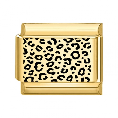 Picture of 1 Piece 304 Stainless Steel Italian Charm Links For DIY Bracelet Jewelry Making Gold Plated Black Rectangle Leopard Print 10mm x 9mm