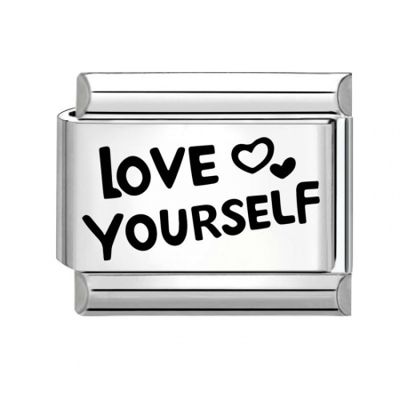 Picture of 1 Piece 304 Stainless Steel Valentine's Day Italian Charm Links For DIY Bracelet Jewelry Making Silver Tone Black Rectangle Heart Message " Love Yourself " 10mm x 9mm