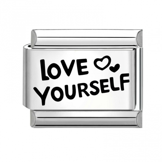 Immagine di 1 Piece 304 Stainless Steel Valentine's Day Italian Charm Links For DIY Bracelet Jewelry Making Silver Tone Black Rectangle Heart Message " Love Yourself " 10mm x 9mm