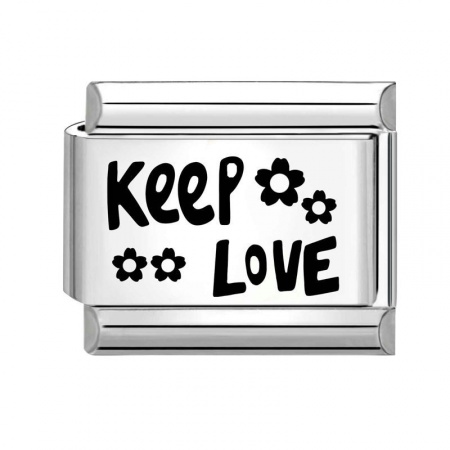 Picture of 1 Piece 304 Stainless Steel Stylish Italian Charm Links For DIY Bracelet Jewelry Making Silver Tone Black Rectangle Message " Keep Love " 10mm x 9mm
