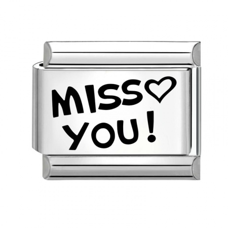 Picture of 1 Piece 304 Stainless Steel Valentine's Day Italian Charm Links For DIY Bracelet Jewelry Making Silver Tone Black Rectangle Heart Message " Miss You " 10mm x 9mm