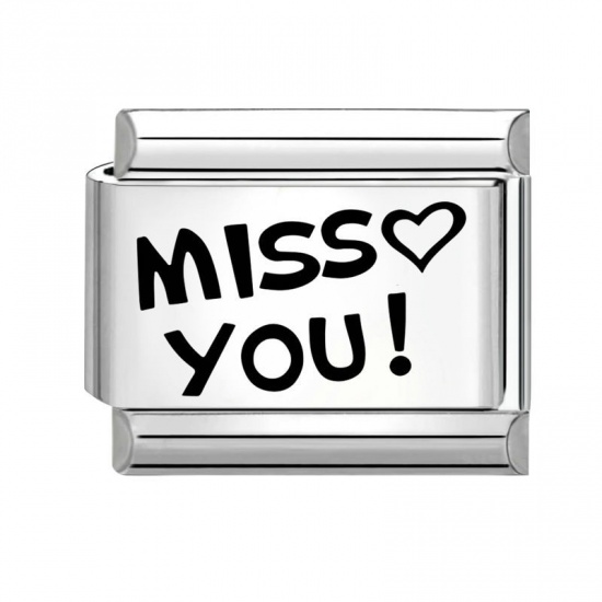 Immagine di 1 Piece 304 Stainless Steel Valentine's Day Italian Charm Links For DIY Bracelet Jewelry Making Silver Tone Black Rectangle Heart Message " Miss You " 10mm x 9mm