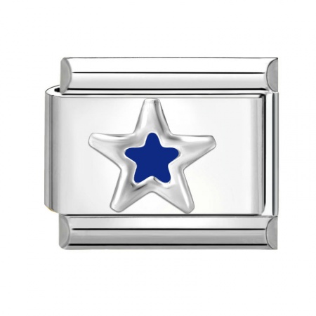 Picture of 1 Piece 304 Stainless Steel Italian Charm Links For DIY Bracelet Jewelry Making Silver Tone Dark Blue Rectangle Pentagram Star 10mm x 9mm