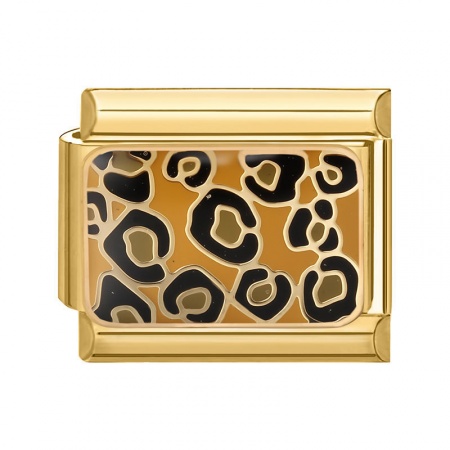 Picture of 1 Piece 304 Stainless Steel Italian Charm Links For DIY Bracelet Jewelry Making Gold Plated Black Rectangle Leopard Print 10mm x 9mm