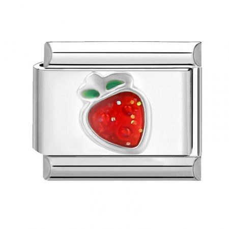 Picture of 1 Piece 304 Stainless Steel Italian Charm Links For DIY Bracelet Jewelry Making Silver Tone Red Rectangle Strawberry Fruit 10mm x 9mm