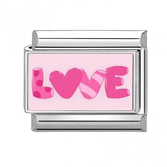 Picture of 1 Piece 304 Stainless Steel Italian Charm Links For DIY Bracelet Jewelry Making Silver Tone Pink Rectangle Message " LOVE " 10mm x 9mm