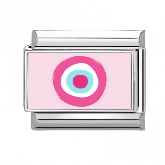 Picture of 1 Piece 304 Stainless Steel Italian Charm Links For DIY Bracelet Jewelry Making Silver Tone Multicolor Rectangle Eye 10mm x 9mm