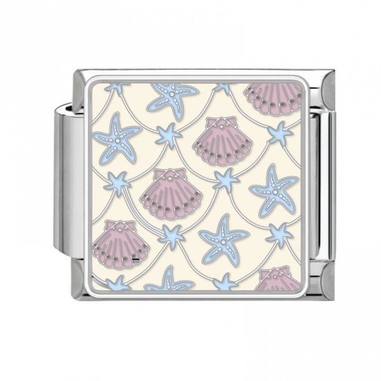 Picture of 1 Piece 304 Stainless Steel Italian Charm Links For DIY Bracelet Jewelry Making Silver Tone Multicolor Rectangle Marine Animal 10mm x 9mm