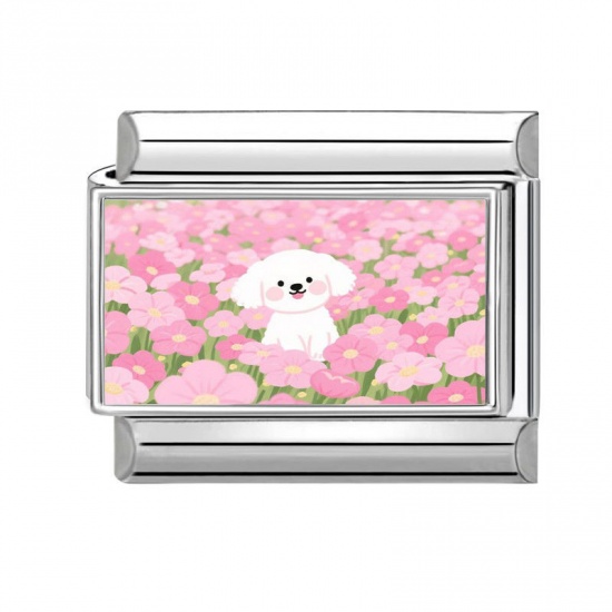 Picture of 1 Piece 304 Stainless Steel Italian Charm Links For DIY Bracelet Jewelry Making Silver Tone Multicolor Rectangle Dog 10mm x 9mm