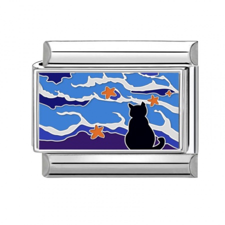 Picture of 1 Piece 304 Stainless Steel Italian Charm Links For DIY Bracelet Jewelry Making Silver Tone Multicolor Rectangle Cat 10mm x 9mm