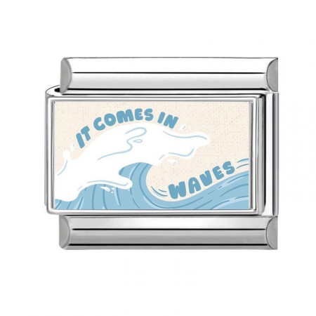 Picture of 1 Piece 304 Stainless Steel Italian Charm Links For DIY Bracelet Jewelry Making Silver Tone Blue Rectangle Sea Message " It Comes In Waves " 10mm x 9mm