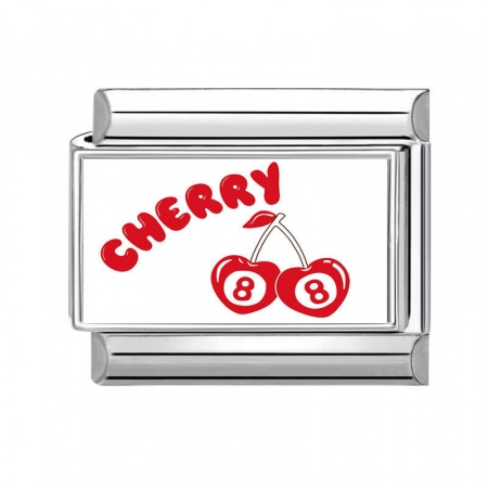 Picture of 1 Piece 304 Stainless Steel Stylish Italian Charm Links For DIY Bracelet Jewelry Making Silver Tone Red Rectangle Cherry Fruit 10mm x 9mm
