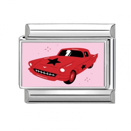 Picture of 1 Piece 304 Stainless Steel Stylish Italian Charm Links For DIY Bracelet Jewelry Making Silver Tone Red Rectangle Car 10mm x 9mm