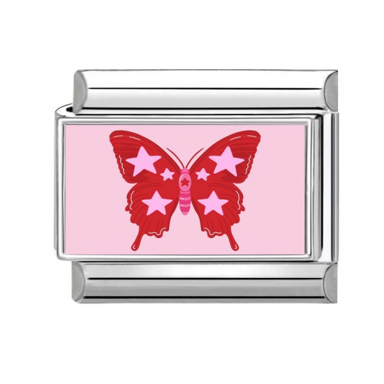 Immagine di 1 Piece 304 Stainless Steel Stylish Italian Charm Links For DIY Bracelet Jewelry Making Silver Tone Red Rectangle Butterfly 10mm x 9mm