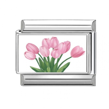 Picture of 1 Piece 304 Stainless Steel Italian Charm Links For DIY Bracelet Jewelry Making Silver Tone Multicolor Rectangle Tulip Flower 10mm x 9mm