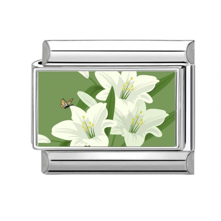 Picture of 1 Piece 304 Stainless Steel Italian Charm Links For DIY Bracelet Jewelry Making Silver Tone Green Rectangle Lily Flower 10mm x 9mm