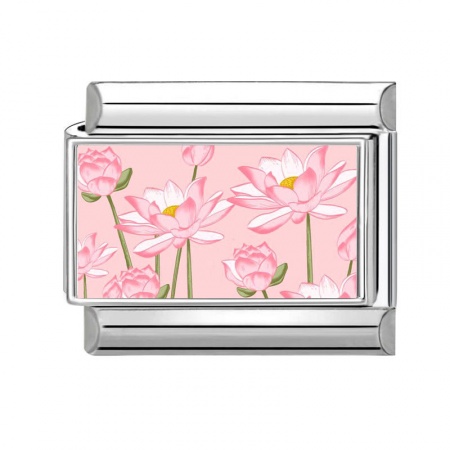 Picture of 1 Piece 304 Stainless Steel Italian Charm Links For DIY Bracelet Jewelry Making Silver Tone Pink Rectangle Lotus Flower 10mm x 9mm