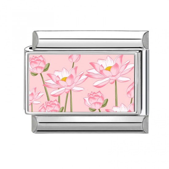 Picture of 1 Piece 304 Stainless Steel Italian Charm Links For DIY Bracelet Jewelry Making Silver Tone Pink Rectangle Lotus Flower 10mm x 9mm